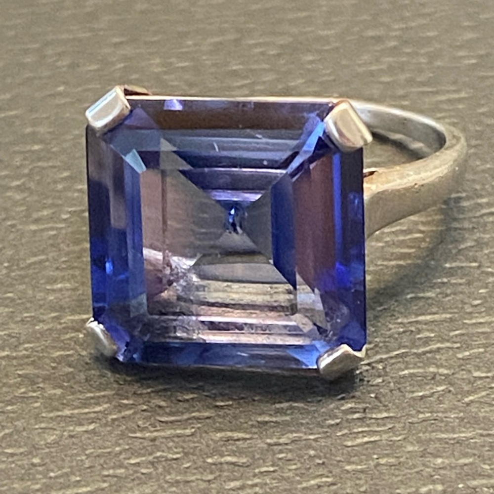 Vintage Mid Century Sterling Silver Huge Princess Cut Genuine Tanzanite Ring 6.8
